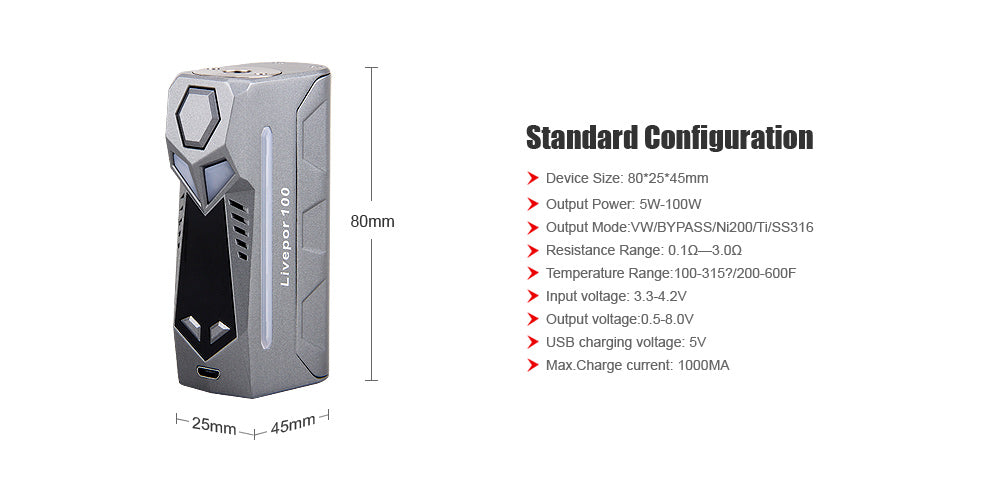 Yosta Livepor TC Box Mod Kit 100W Parameters